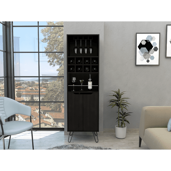 Newboti Manhattan L Bar Cabinet, Eight Built-in Wine Rack, Two Cabinets With Single Door -Black 40606443887937