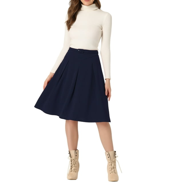 FALDA MIDI A-LINE PLEATADA CON CINTURÓN PARA MUJERES DE OFICINA INSPIRE CHIC 3XL AZUL OSCURO