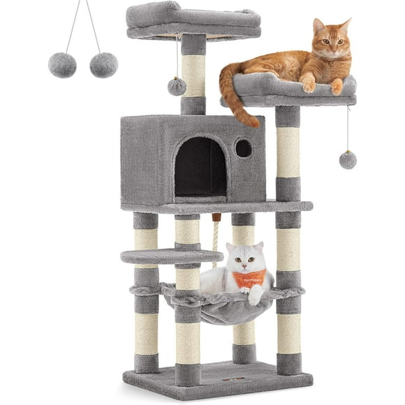 FEANDREA Arbre à Chat Tour de 56,3 Pouces, Poteau à Griffer Perchoirs en Peluche Hamac Condo, Gris Pâle