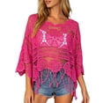 thumbnail image 2 of FASHOFT Beach Cover Ups for Women Hollow Out Knit Crew Neck Swimsuit Cover Up Shirt Bathing Suit Crochet Top Hot Pink One Size, 2 of 5