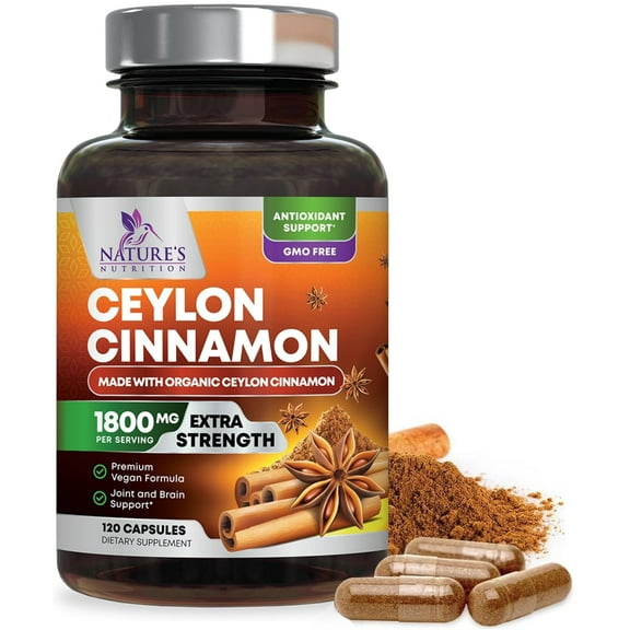 Organic Ceylon Cinnamon Supplement 1800mg - Extra Strength Certified Organic Ceylon Cinnamon Powder Pills - Energy & Heart Support Antioxidant for Women & Men, Bottled in USA, Non-GMO - 120 Capsules