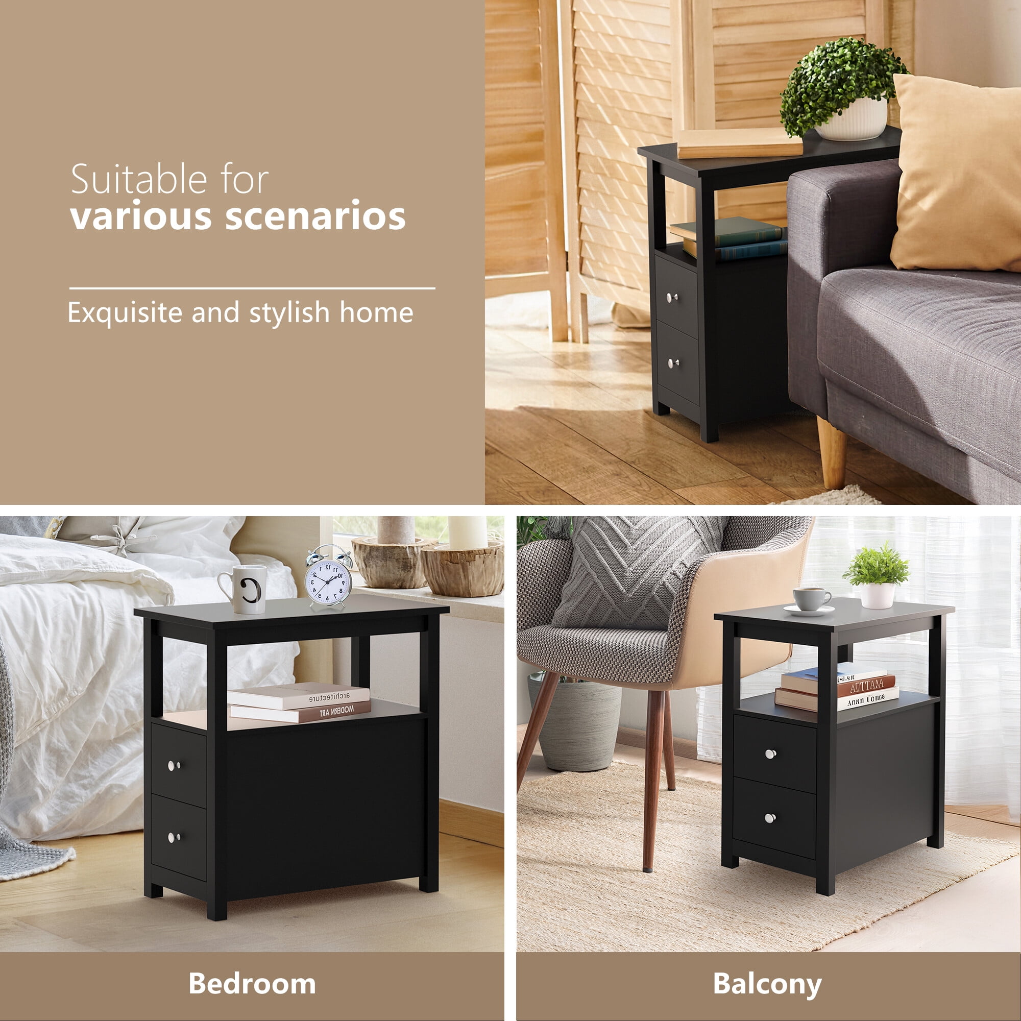 HomGarden 2 Drawers Wood End Table Narrow Sofa Side Table W/Storage for Living Room Bedroom, Black