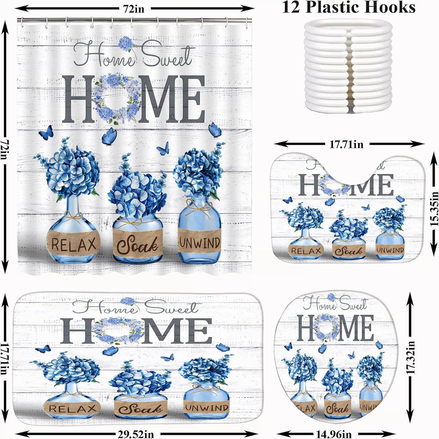 4 PCS Blue Hydrangea Shower Curtain Sets,Home Sweet Bathroom Set with Shower Curtain and Rugs and Accessories,Farmhouse Country Shower Curtain Bathroom Decor with 12 Hooks 72 X 72 Inches