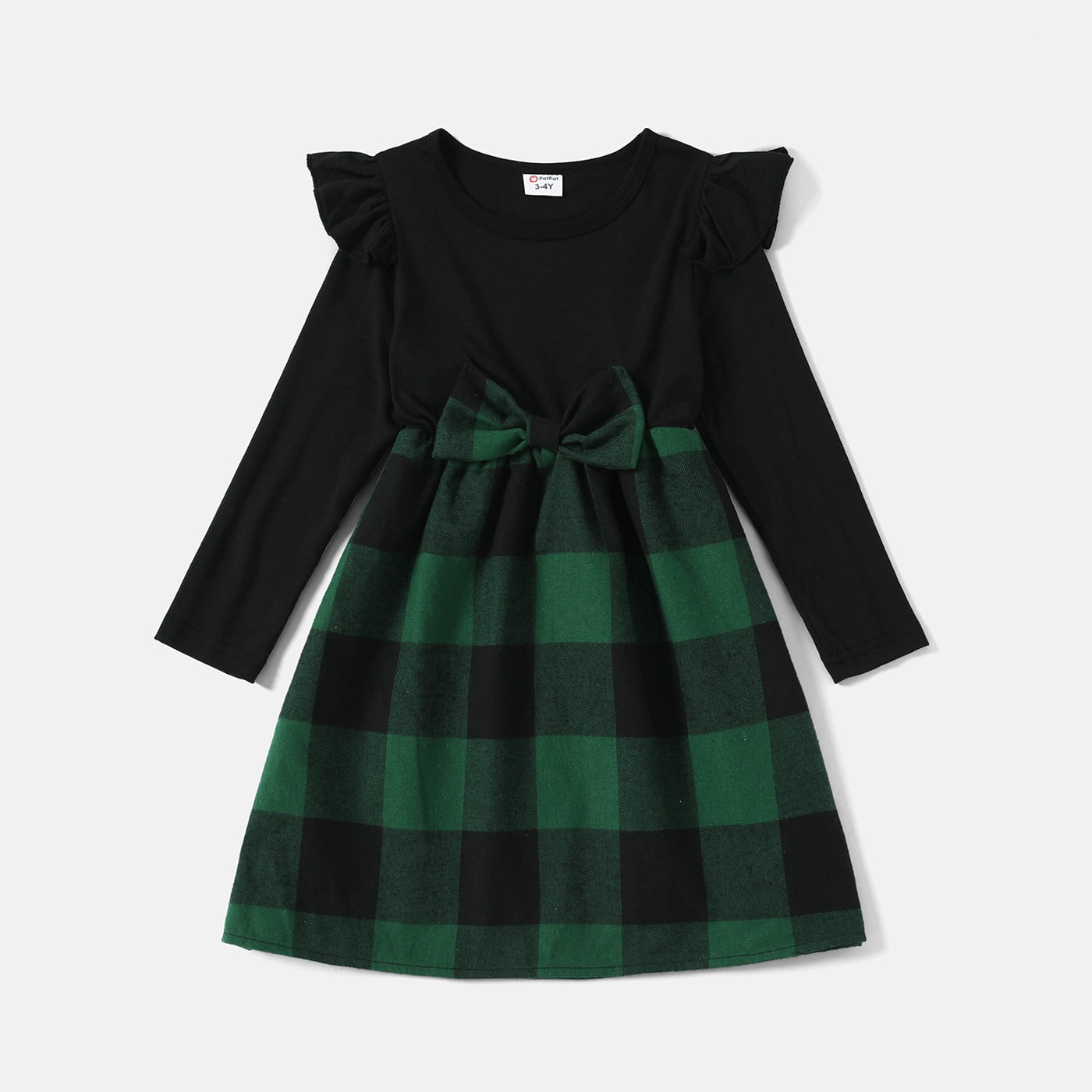 Christmas Black Plaid Family Matching Long-sleeve Lapel Belted Dresses and Shirts Sets