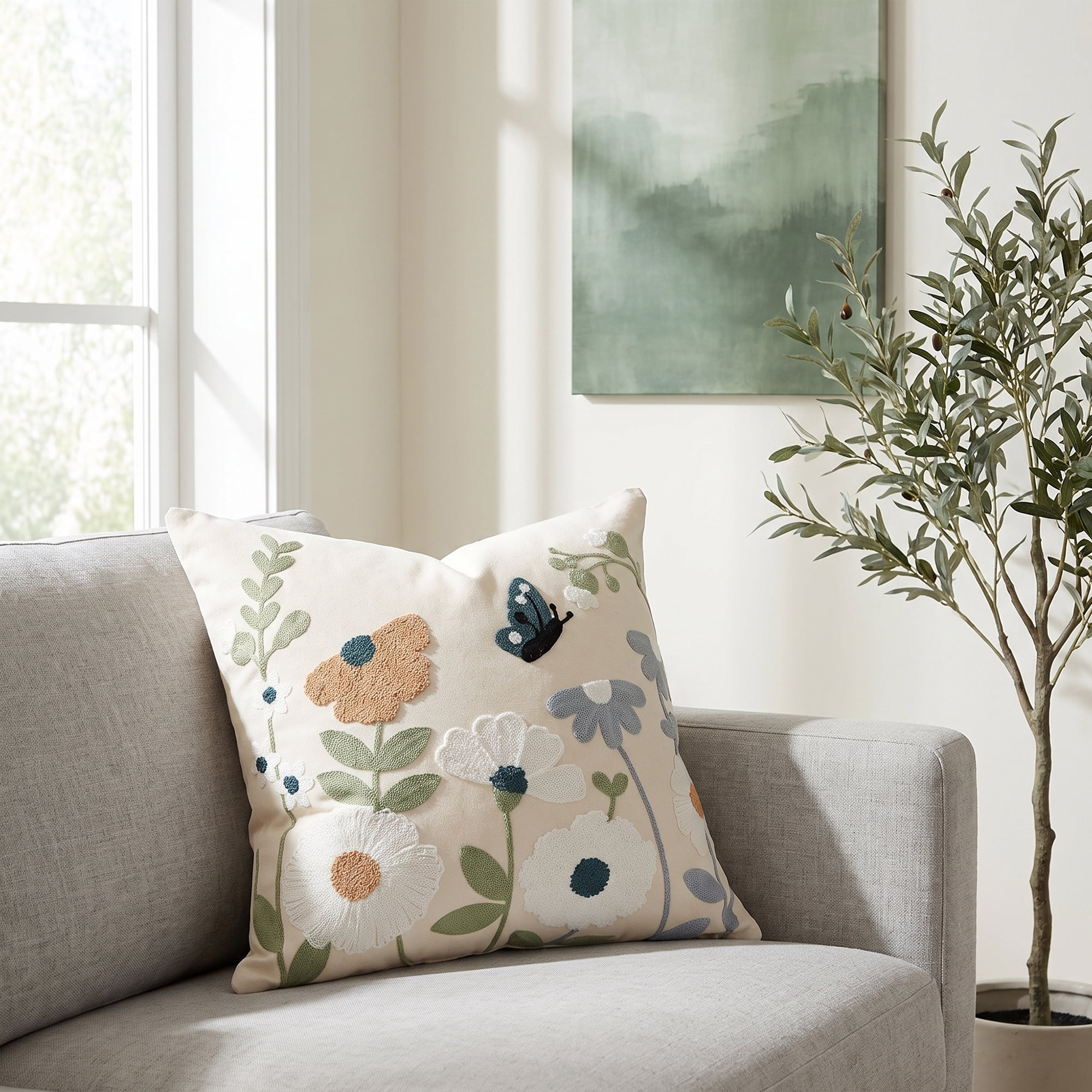 Unique Bargains Chic Floral Embroidered Throw Pillow Cover Floral Accent Blue 18"x18"