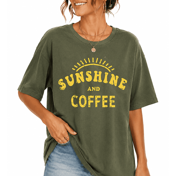 Godmerch Women's Sunshine and Coffee Crew Neck Loose Relaxed Oversized Fit Graphic Tee 100% Cotton Summer Vacation Beach Shirt