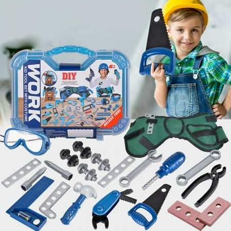 28Pcs Kid Tool Set Toys Pretend Play Toddler Tool Toy with Construction Worker Costume Toy in Storage Box for Age 4+