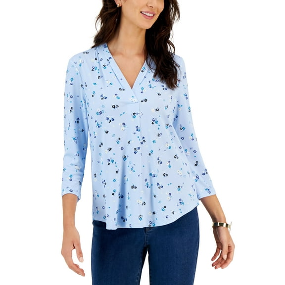 Charter Club Petite Printed 3/4 Sleeve Blouse Blue Nouveau Combo PM