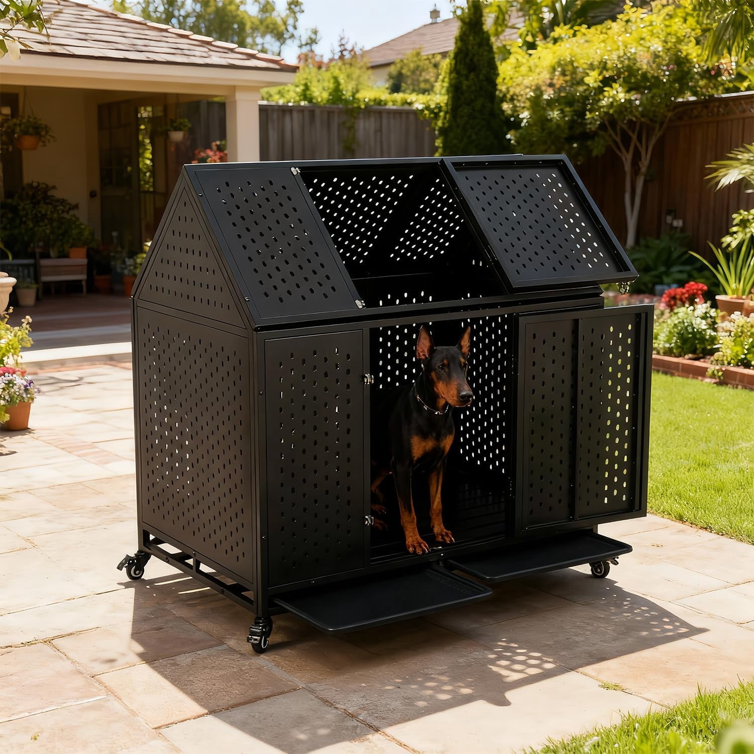 44 Inch Heavy Duty Indestructible Dog Crate with Wheels, Steel Escape-Proof Indoor Double Door High Anxiety Cage, Durable Chew-Proof Strong Kennel with Removable Tray for Large Medium Dogs