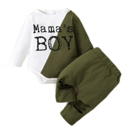 

Kucnuzki 0 Months Baby Boy Winter Outfits Pants Sets 3 Months Long Sleeve MAMA S BOY Letter Prints Romper Tops Elastic Pants 2PCS Set Green