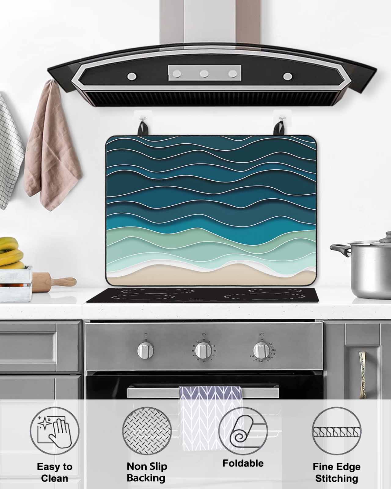 nqOlkjepod Large Induction Cooktop Protector Mat 36"x21", Blue Waves Stove Top Covers for Electric Stove, Rustic Abstract Beach Ombre Stripes Art Stove Burner Cover Mats, Glass Top Stove Cover