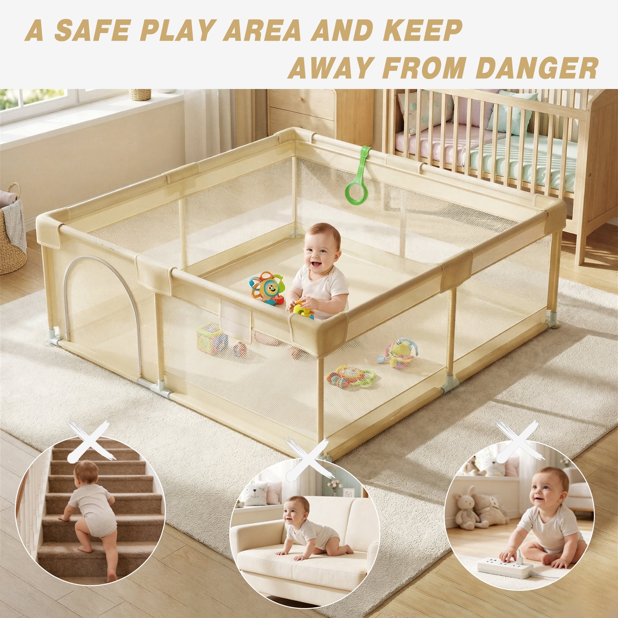 Easy4Home Extra Large Baby Playpen 71"x60" Toddler Play Yards Safety Fence, Beige