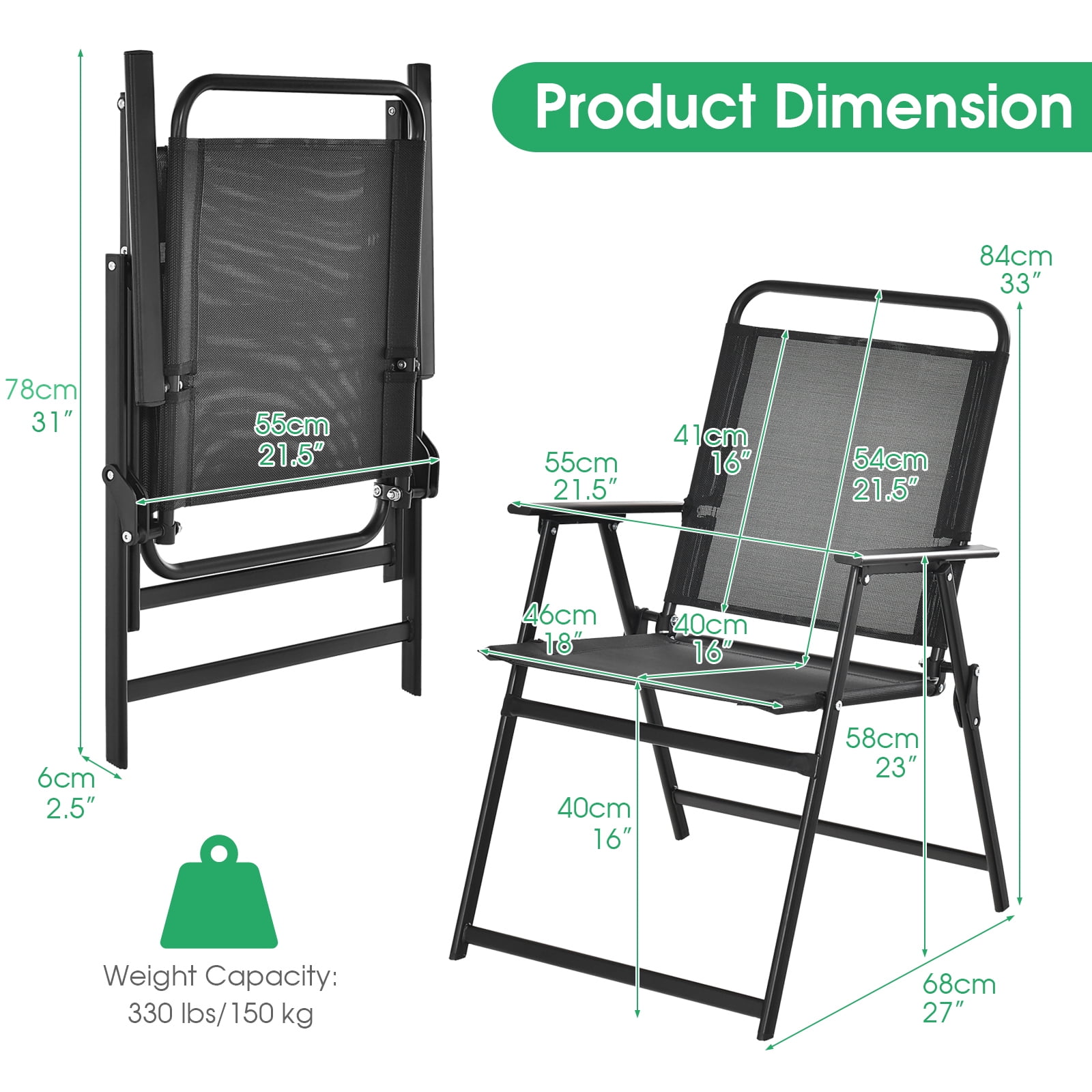 Gymax Patio Metal Indoor/Outdoor Portable and Heavy-Duty Folding Chairs, Black (Set of 6)