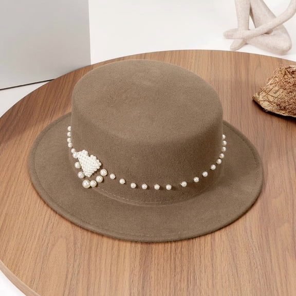 Wool Felt Wide Brim Fedora Hat Women Vintage Pearl Elegant Autumn Winter