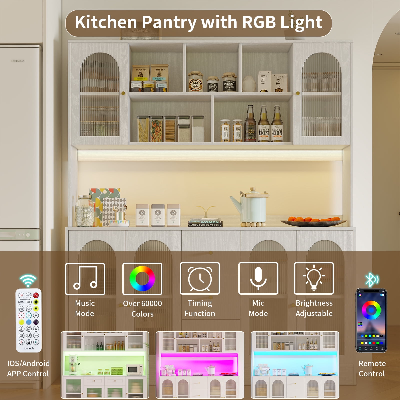 RichYa Kitchen Pantry with RGB LED Light,3 Drawers Hutch Storage Cabinet with Doors & Adjustable Shelves,Cupboard Buffet for Dining Room,White