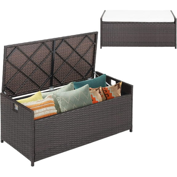 YEXJ 34 Gallon Patio Storage Bench Deck Box, 3-in-1 Rattan Wicker Storage Box with Seat Cushion & Zippered Protective Liner, Effort-Saving Gas Strut