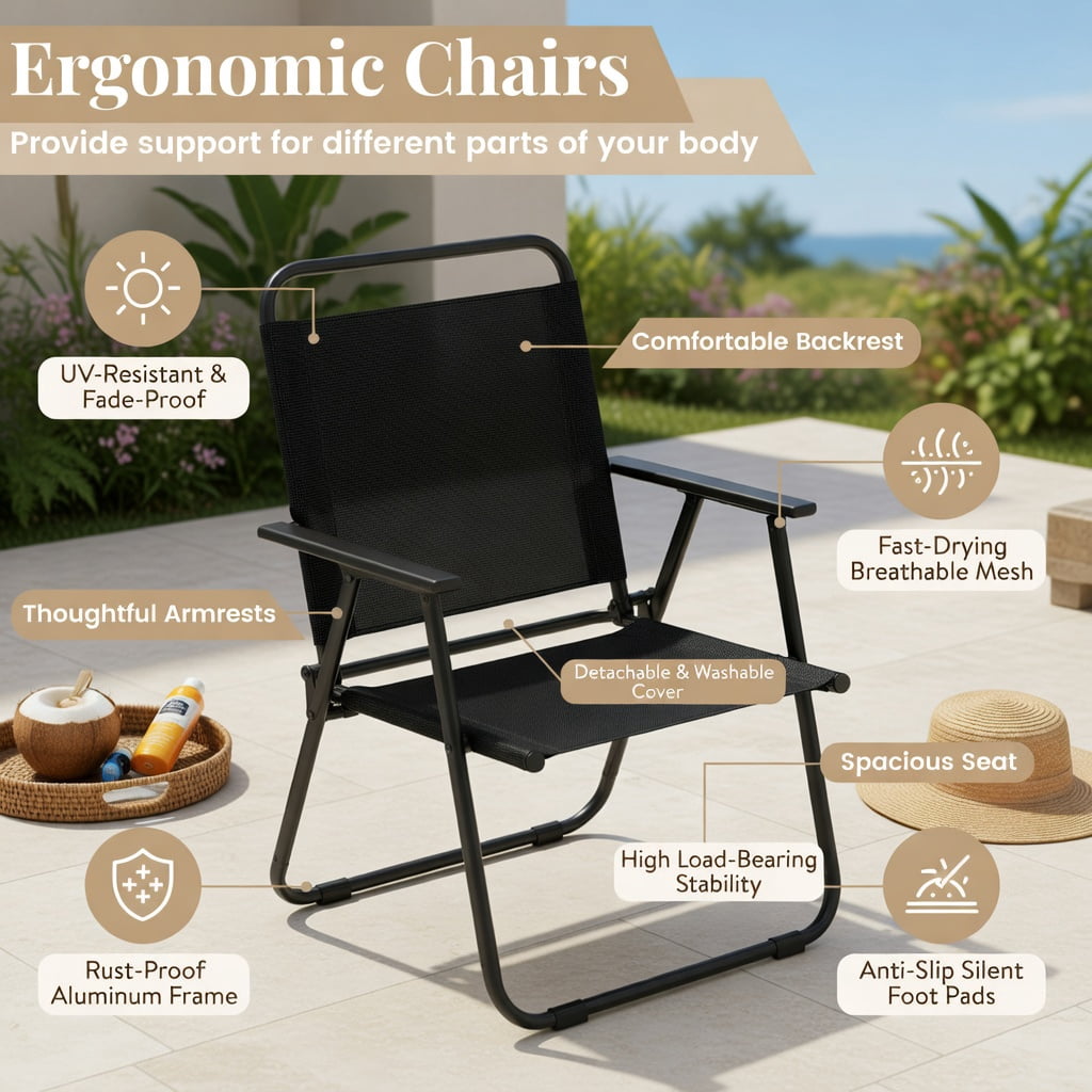 Hommoo 3-Piece Outdoor Folding Patio Set, 2 Folding Chairs + 18" Square Coffee Table, Heavy-Duty Metal Frame, Breathable Fabric, Compact Storage, Black