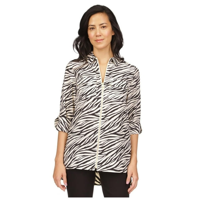 Michael Kors Womens Animal Print Zip Front Tunic Blouse, white, Petite, PL
