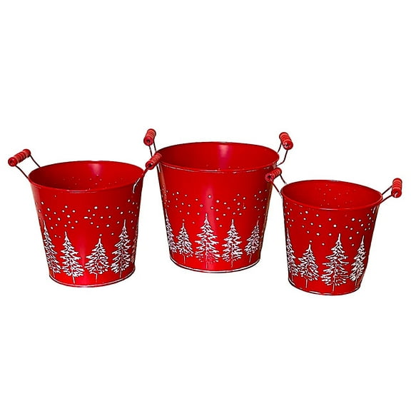 S/3 Red Tin Buckets W Pine Trees Christmas Decorative Metal Indoor Outdoor Gift Baskets Planters