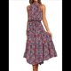 thumbnail image 1 of Vestido Bohemio de Verano para Mujer, Sin Mangas, con Estampado de Lunares, Cuello Halter, Volantes, Dobladillo y Cinturón Azul y Rojo XL, 1 of 7