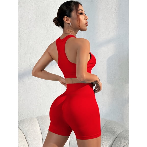 Women Seamless Ribbed 2 Piece Yoga Set Racerback Crop Sports Bra High Waist Stretch Biker Shorts Workout Outfit Red S