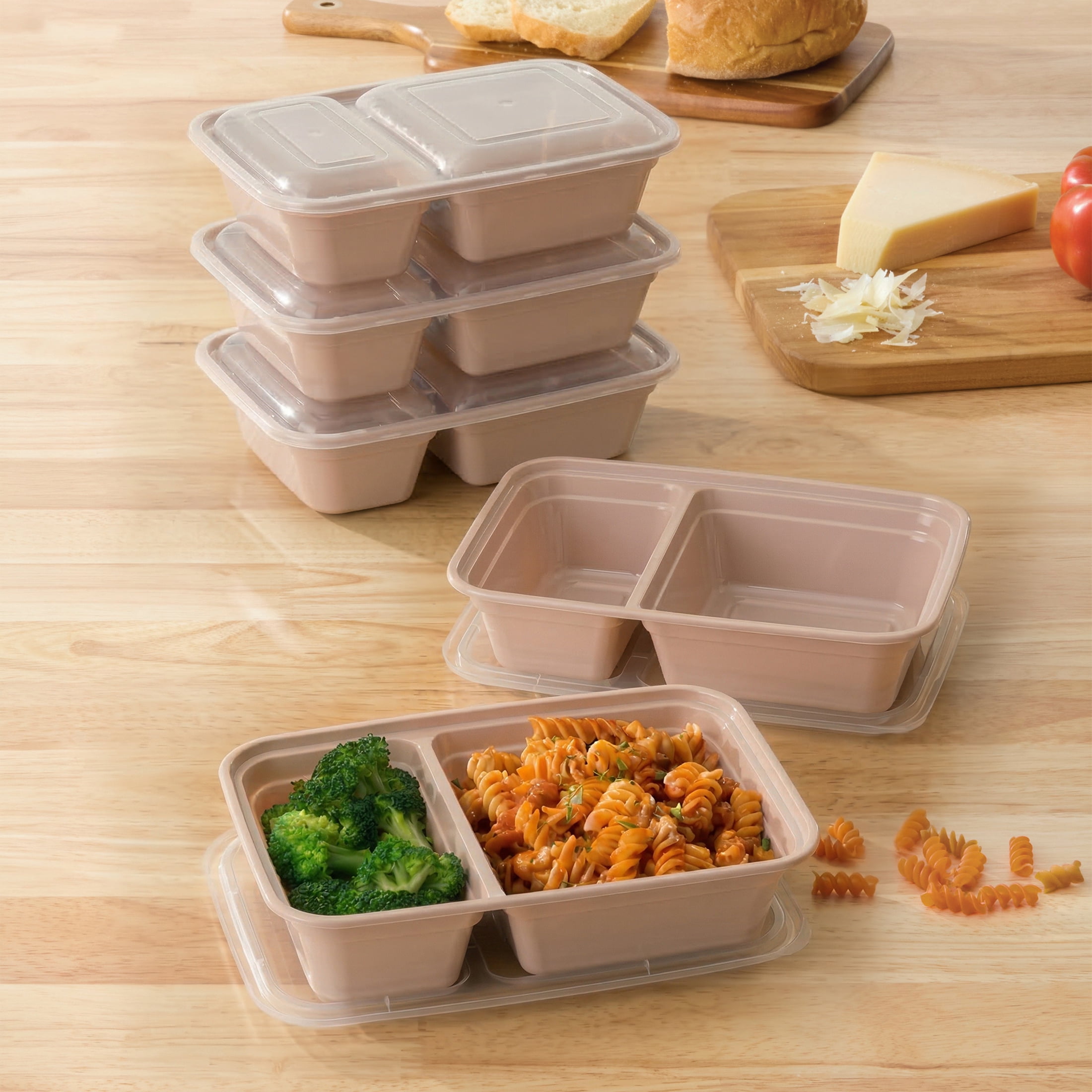 Mainstays 5-Pack 2-Compartment BPA-Free Plastic Meal Prep Food Storage Containers, 0.9L, Pink Blush