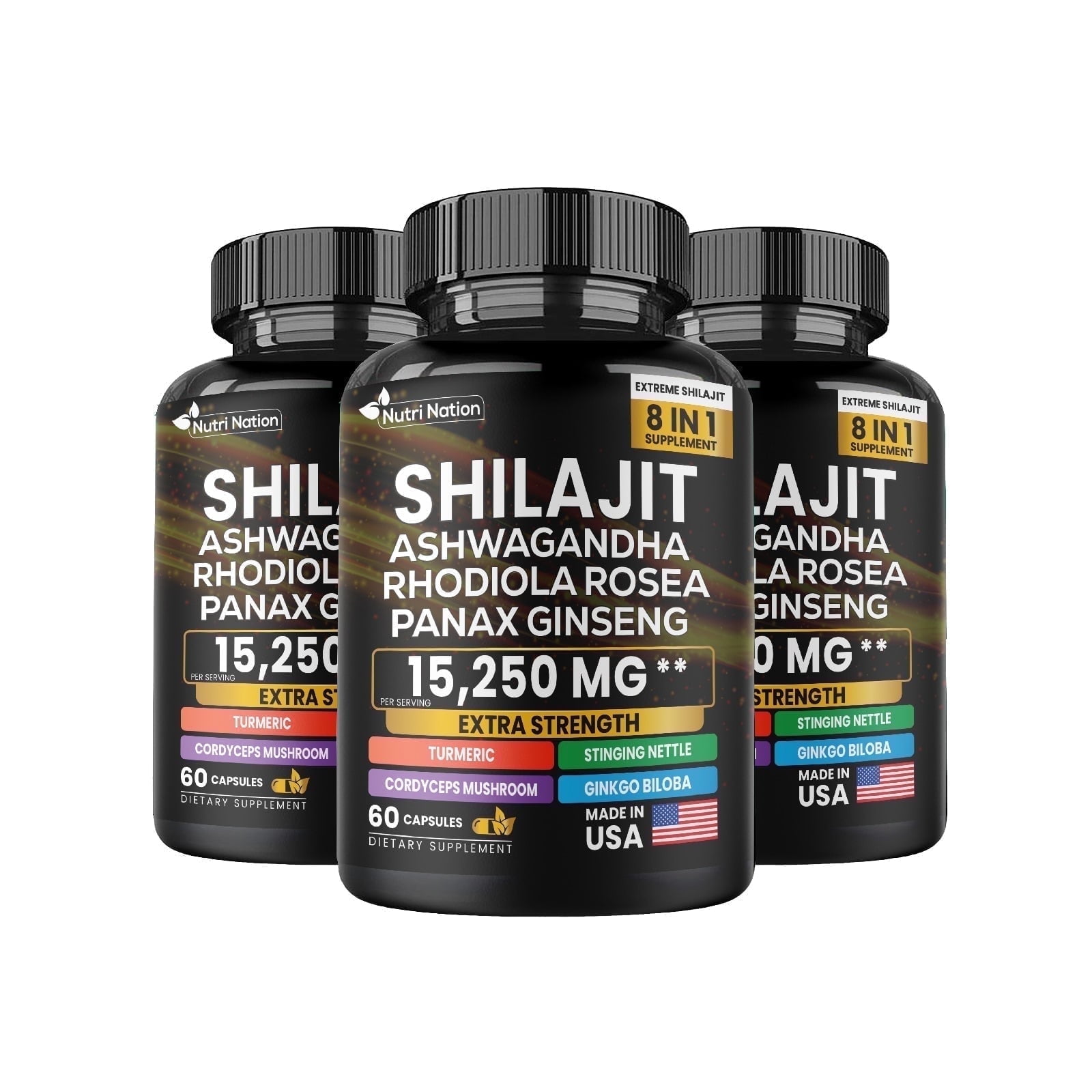 Nutri Nation Shilajit 8-in-1 Capsules 300 mg (9,000 mg Equivalent) with Ashwagandha, Rhodiola & Ginseng, 180 Count (3 x 60), Energy Support