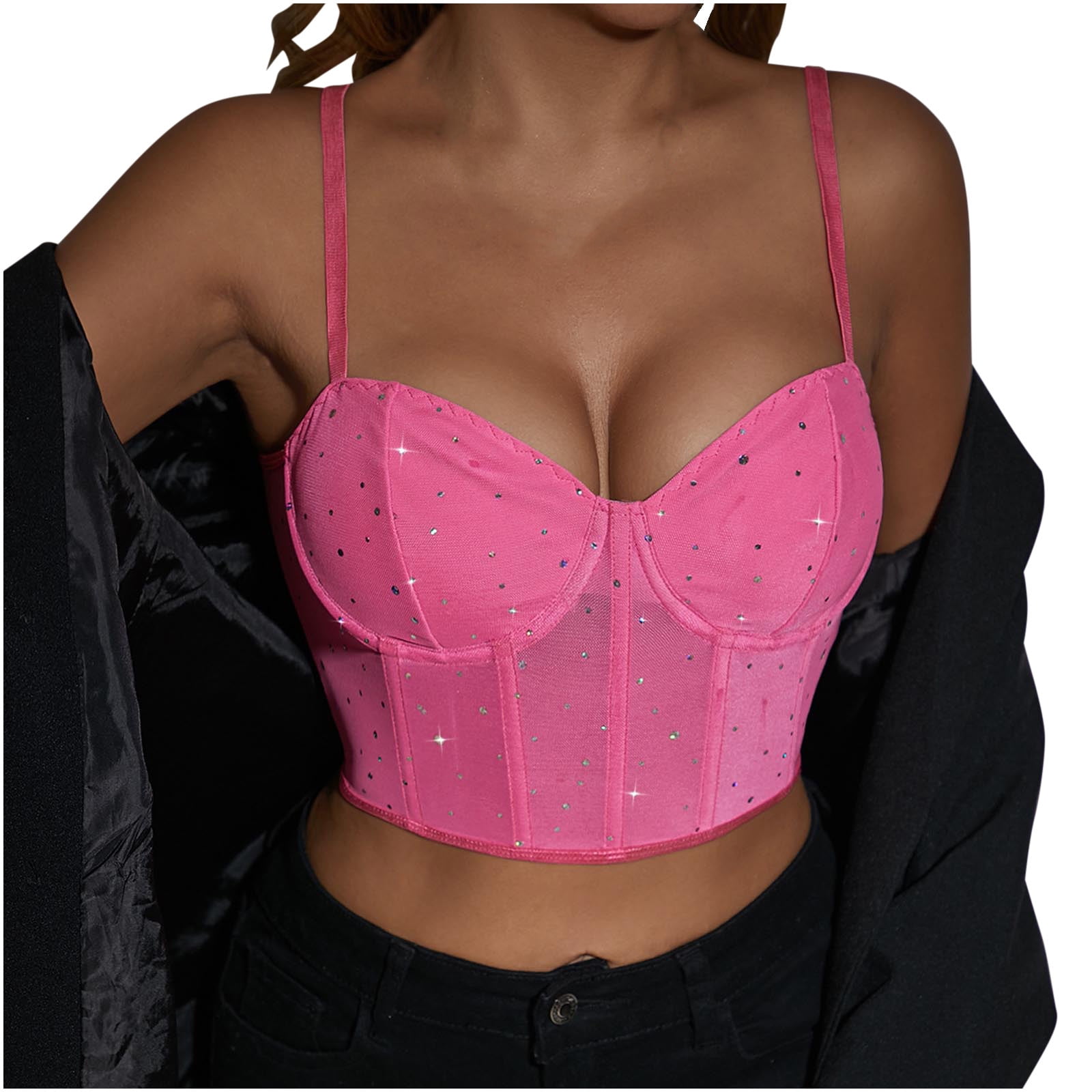 トップス 2WAY MIX PINK SHAGGY BUSTIER AMERI Sparkly Rhinestone Long Sleeve Crop Top High Waist Two Piece