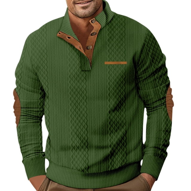 Men's Fashion Casual Hoodless Sweatshirt Long Sleeve Stand Button Comfortable Relaxed Solid Color Pullover