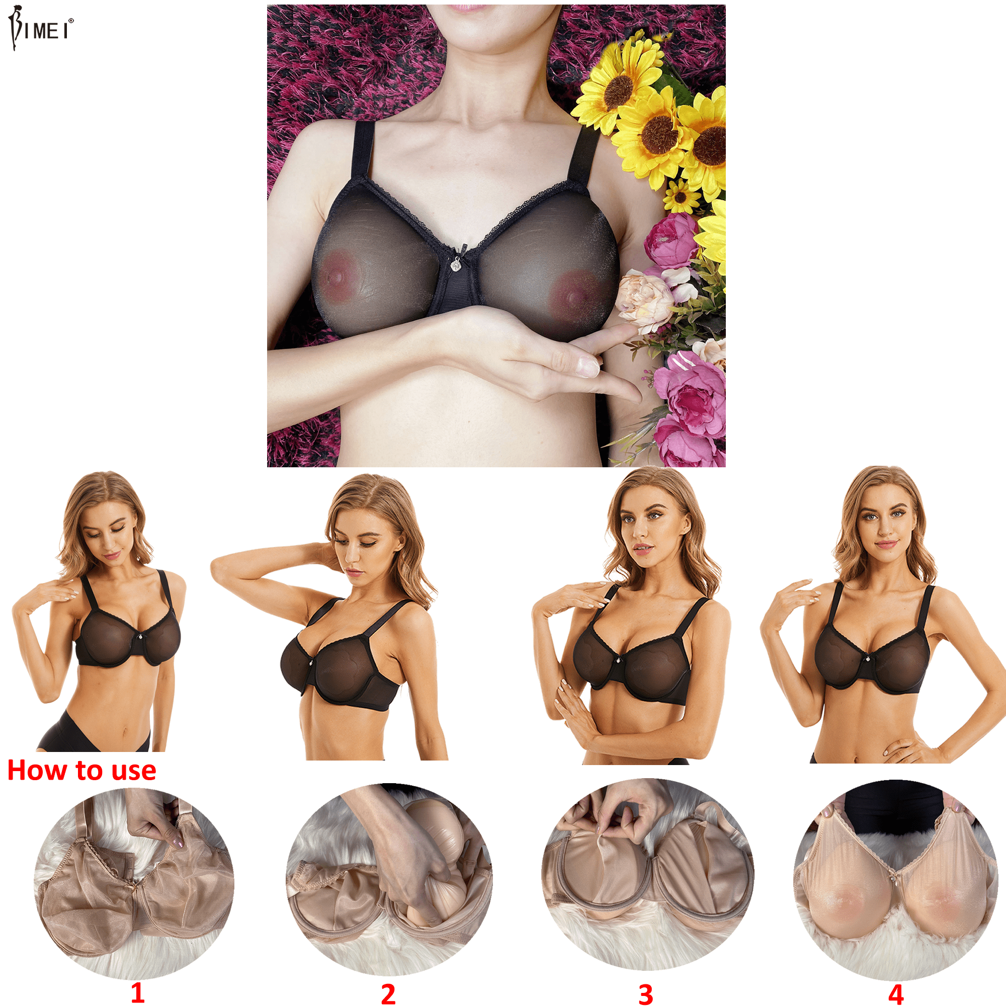 BIMEI See-Thru Pocket Bra with Underwire for Silicone Breastforms  Crossdress Pocketed Back Holds Breast Forms