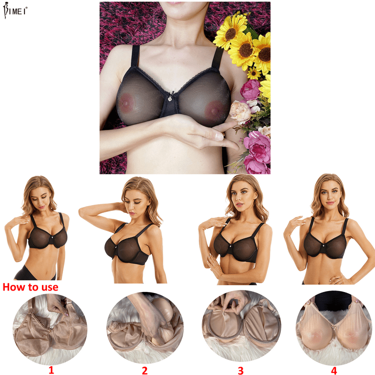 BIMEI See Through Bra Mastectomy Lingerie Bra Silicone Breast Forms  Prosthesis Pocket Bra with Steel Ring 9008,Black,44D