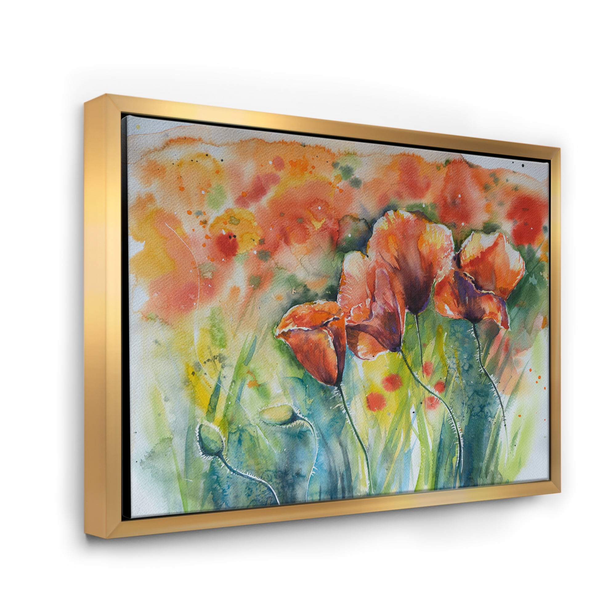Designart 'Red Blossoming Poppies Over Wild Green IV' Traditional Framed Canvas Wall Art Print