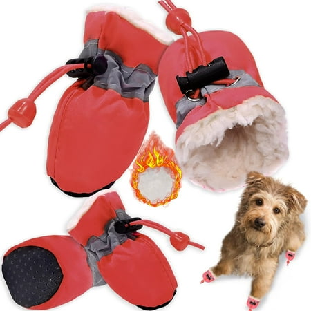 Dog Shoes for Winter Dogs Boots & Paw Protector Warm Pet Booties for Puppy with Reflective Strip Dog Snow Boots for Small Medium Size Dogs 4PCs Red Size6