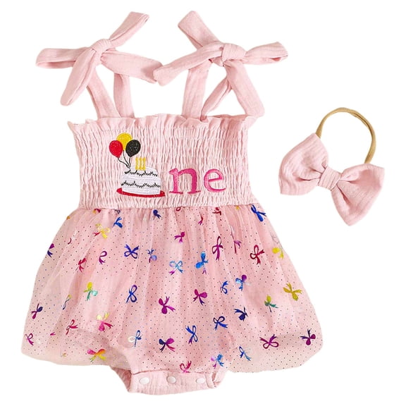 Wxirdiow Infant Rompers Baby Girl Outfit Embroidery Flying Sleeve Square Neck Tulle Romper Dress and Bow Headband Set Hot Pink Size,6-9 Months