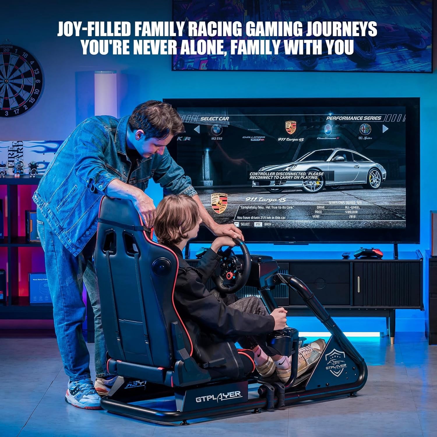 GTPLAYER Racing Simulator Cockpit Alloy Steel Adult Gaming Chair with Bluetooth Speakers, Red/Black