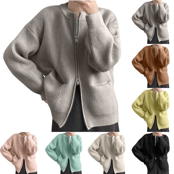 Lovskoo Cardigan Sweaters for Women Long Sleeve Winter Casual Loose Color Pocket Double Zippered Top Sweater Cardigan Coat Yellow
