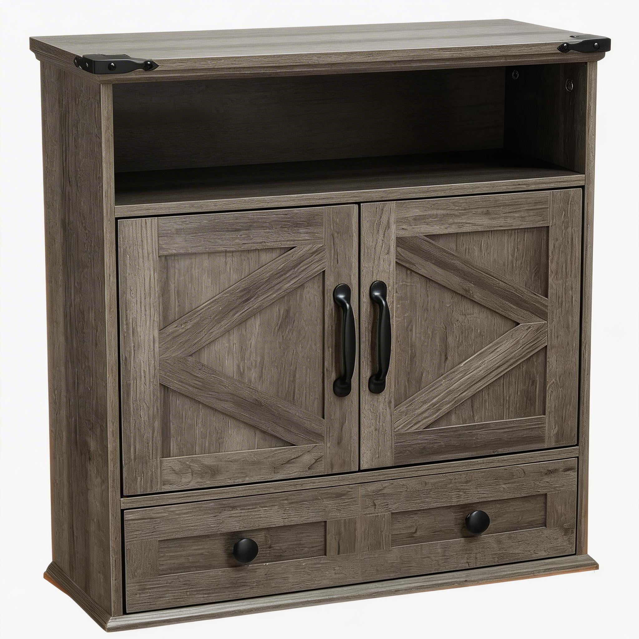 25" Wide Wall-Mounted Bathroom Cabinet with Barn Doors, Over-Toilet Storage with Adjustable Shelf & Drawer, Hanging Cabinet for Bathroom, Kitchen, Laundry, or Entryway