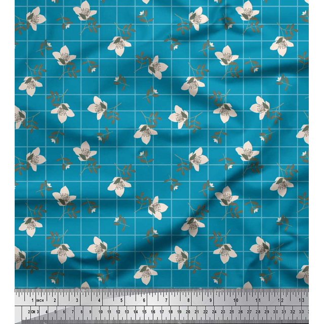Soimoi Blue polyester Crepe Fabric Check & Floral Printed Craft Fabric by The Yard 52 Inch Wide