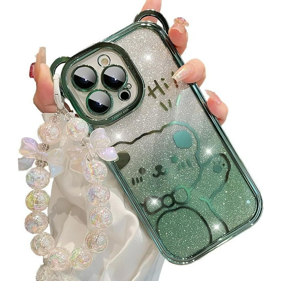 Cute Case for iPhone 13 Pro Max,Bear Pattern Case with Butterfly Pearl Wrist Chain for Women/Girls Gift, Removable Glitter Papper Soft TPU Shockproof Cover 6.7 Inch