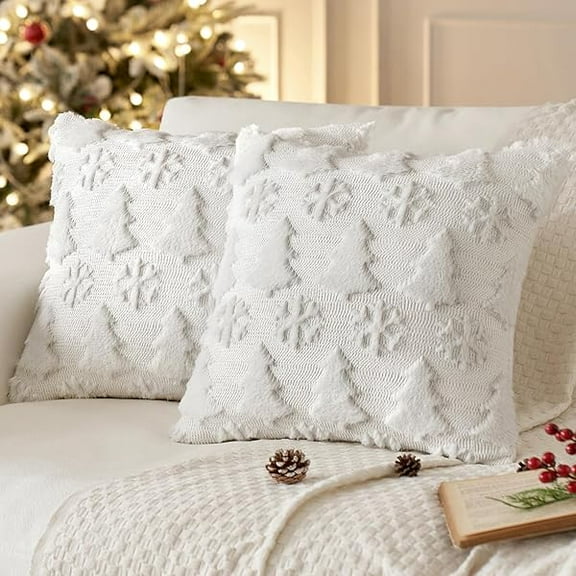 YJJSKEJI Christmas Tree and Snowflakes Pillow Covers 20x20 Inch Pure White Throw Pillows Set of 2 Decorative Soft Fluffy Pillowcases for Home Decors Couch Sofa Livingroom Bed