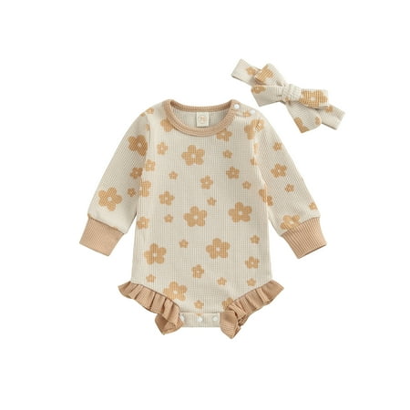 

Baby Girl 2Pcs Fall Outfits Long Sleeve Floral Print Ruffle Romper with Headband Set Infant Clothes