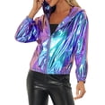 thumbnail image 1 of Chaqueta metálica brillante con capucha holográfica para mujer Inspire Chic, de manga larga, con cremallera, en azul y púrpura, 1 of 5