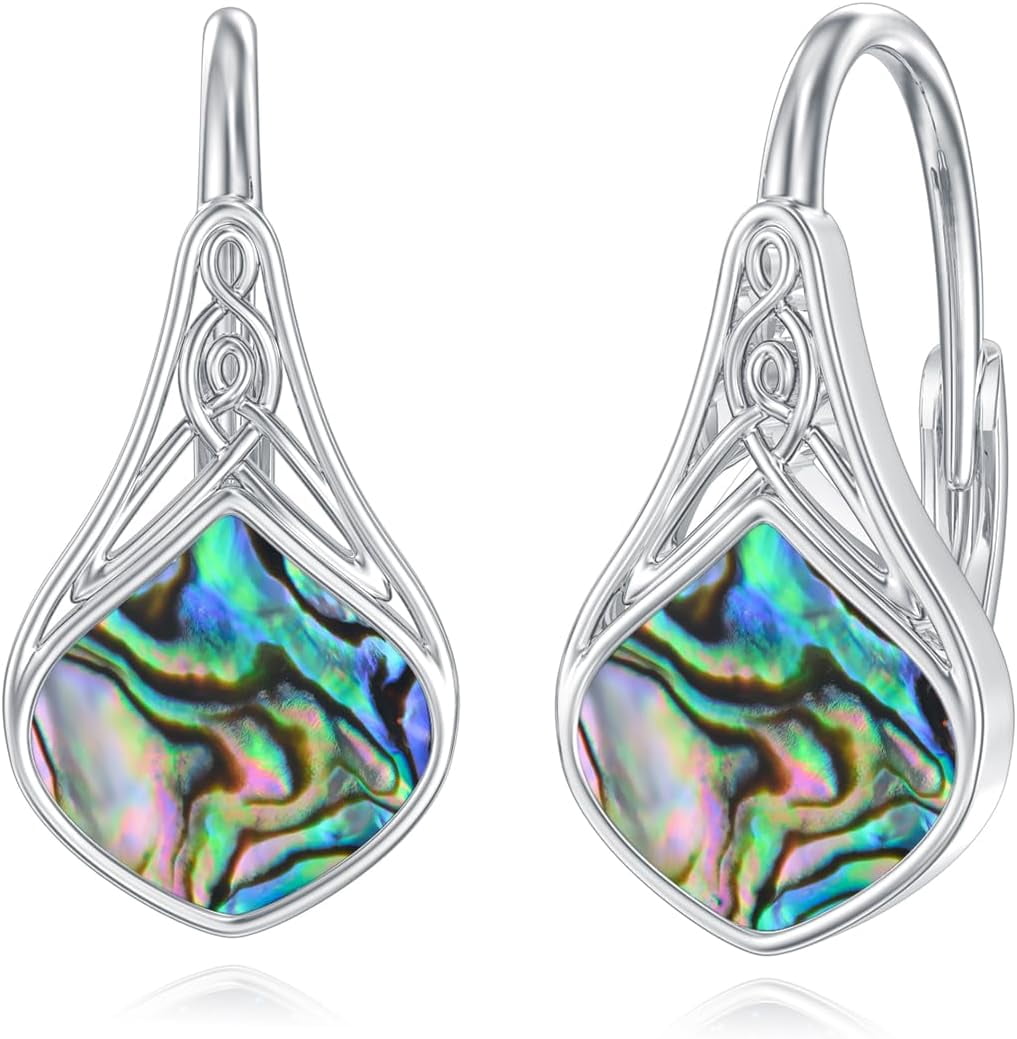 Natural Abalone Shell Earrings 925 Sterling Silver Celtic Knot Teardrop Abalone Shell Dangle Drop Earrings Irish Jewelry Gifts for Women