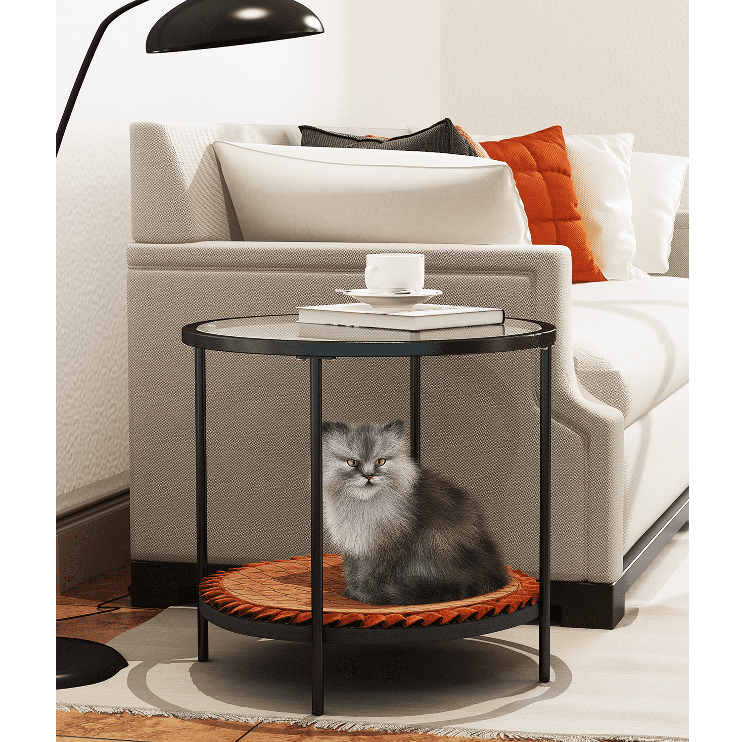 Kadyn Glass Coffee Table, Modern Round Coffee Table for Living Room, Carbon Steel 2-Tier Tea Table & Pet Sharing Table (Provide pet mat), Black Kadyn Glass Coffee Table, Modern Round Coffee Table for Living Room, Carbon Steel 2-Tier Tea Table & Pet Sharing Table (Provide pet mat), Black