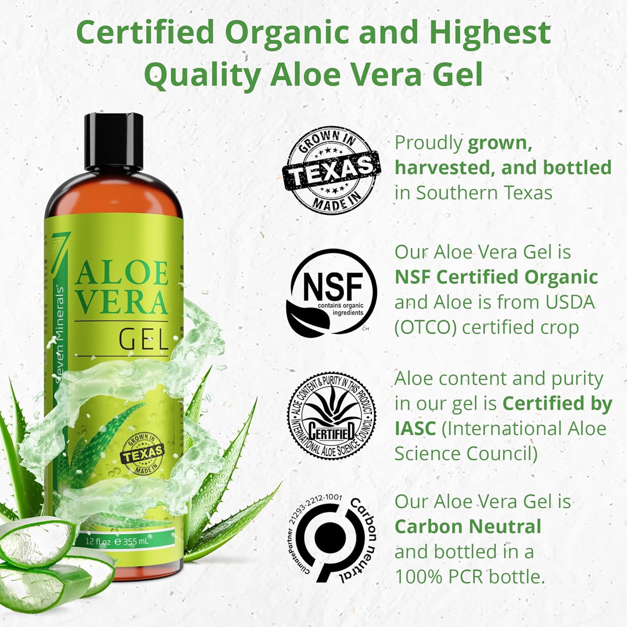 Seven Minerals Aloe Vera Gel – Texas-Grown Fresh Organic Aloe – Vegan, Unscented Gel for Face, Skin, Hair & Sun Care, 12 fl oz