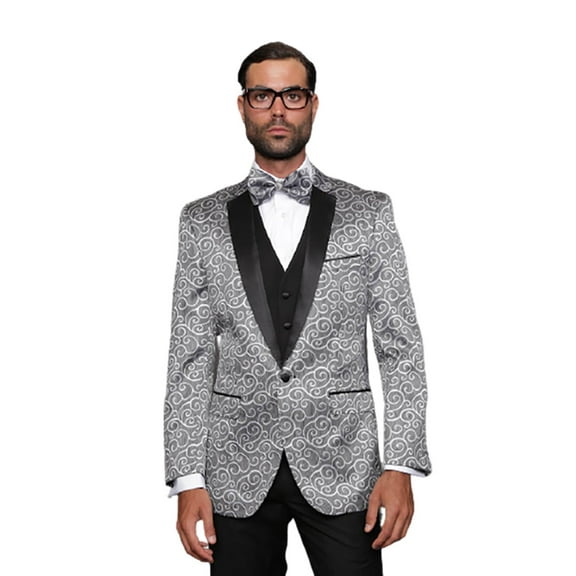 Bellagio Classic 3Pc 1 Button Mens Silver Suit With Trim On The Collar Super 150'S Extra Fine Italian Fabric By Alberto Nardoni Brand Designer