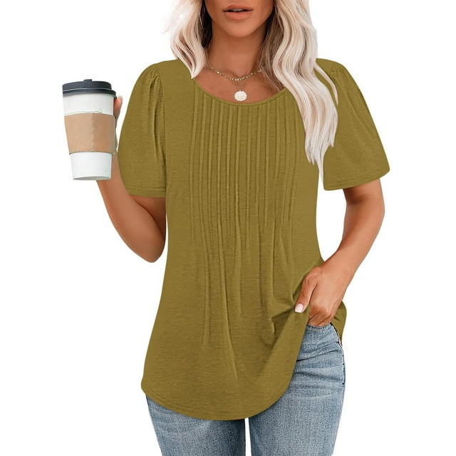 Meichang Hauts pour Femmes T-Shirts Plissés devant Manches Courtes Col Rond T-Shirts Unis Coupe Ample Tunique Confortable