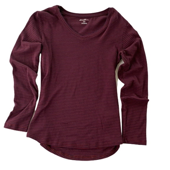 Eddie Bauer Women's Long Sleeve V-Neck T- Shirt In Merlot Navy Stripe, XXL