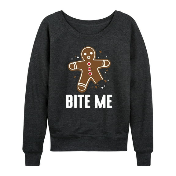 Instant Message - Bite Me Gingerbread Man Christmas - Women's Lightweight French Terry Pullover Long Sleeve Shirt