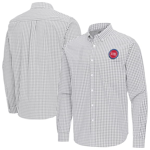 Men's Antigua Gray Detroit Pistons Ellis Woven Tri-Blend Button-Down Shirt